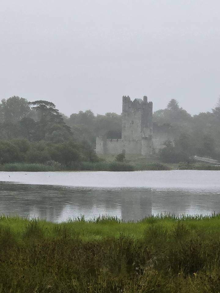 Castle ruin reflecting on a misty lake.