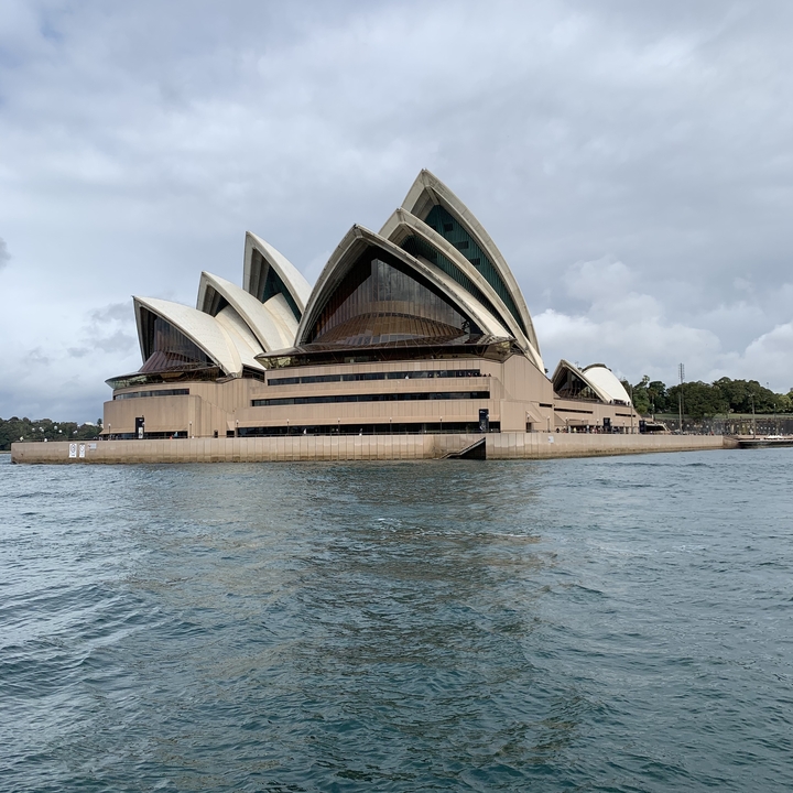 Close-up of the Sydney Opera House from the water.