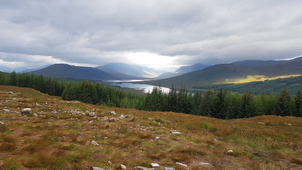 A scenic landscape of a lake surrounded by mountains and forests under a cloudy sky.