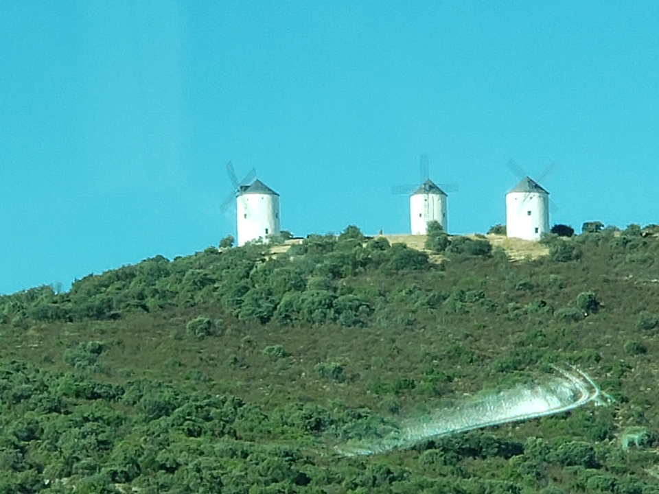 Trois moulins à vent traditionnels sur une colline entourée de verdure.