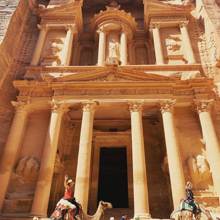 Facade of the ancient rock-carved Petra Treasury.