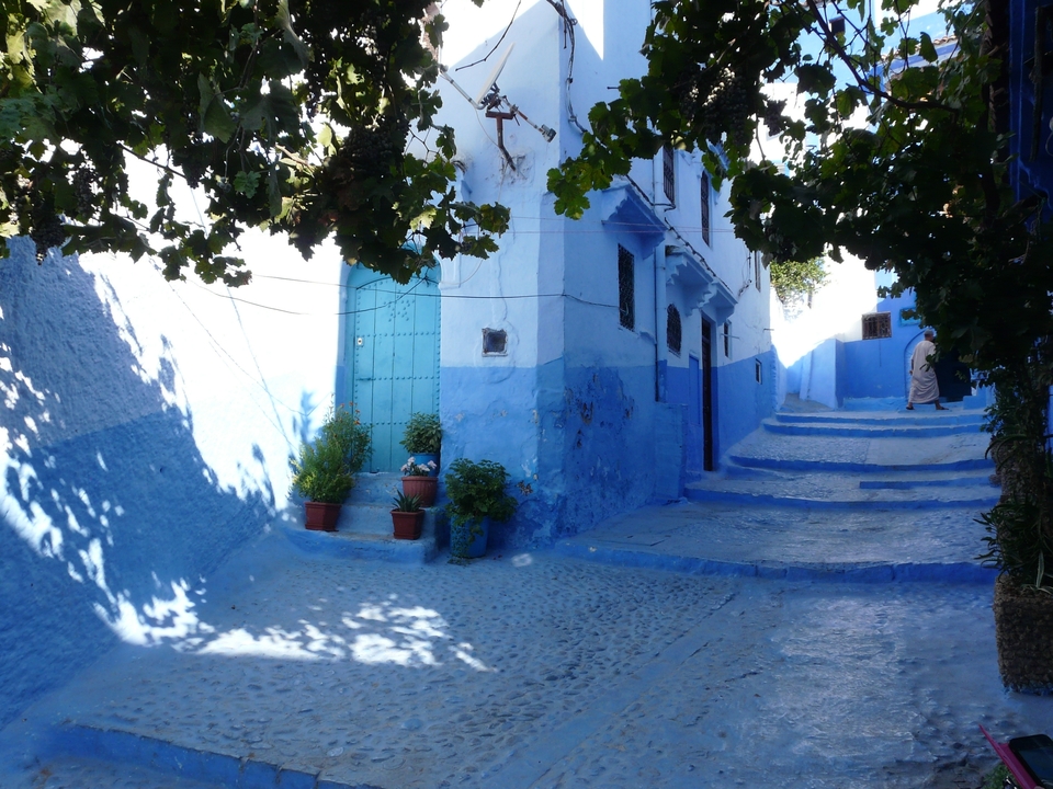 Charming blue-painted street in Chefchaouen.