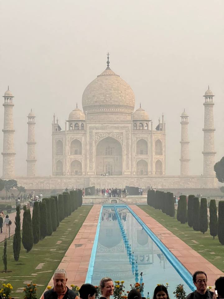 View of the Taj Mahal with fog.