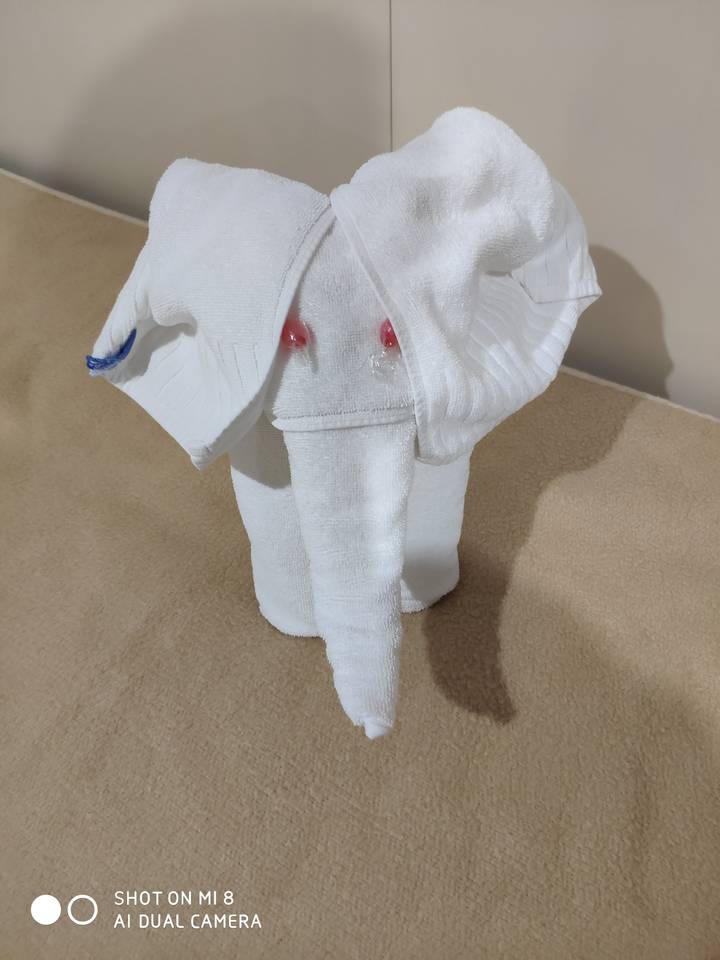 Plis de serviette ressemblant à un éléphant avec un filigrane d'appareil photo.