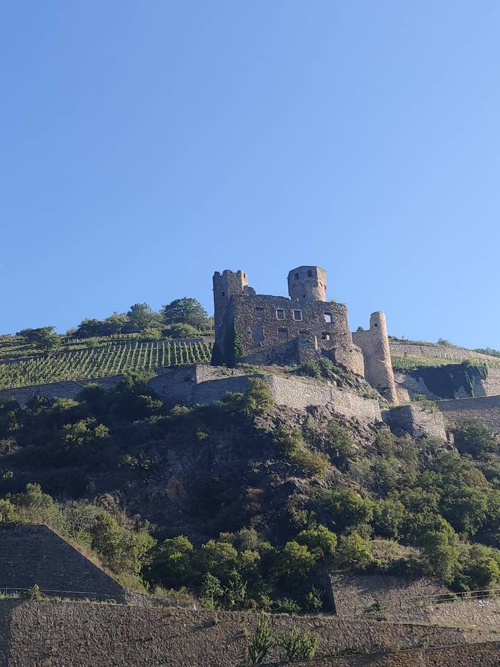 Ruines de château contre un ciel bleu.