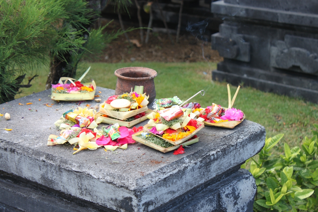 Offerings placed on a stone altar in a garden area.