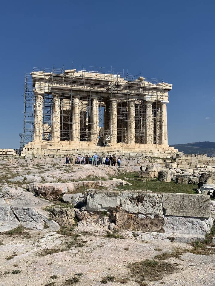 Ruins of a temple with scaffolding.