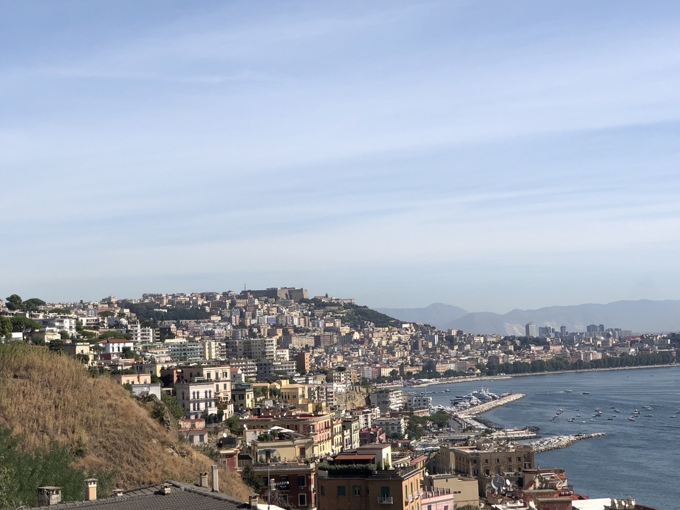 Hillside city with coastline view.
