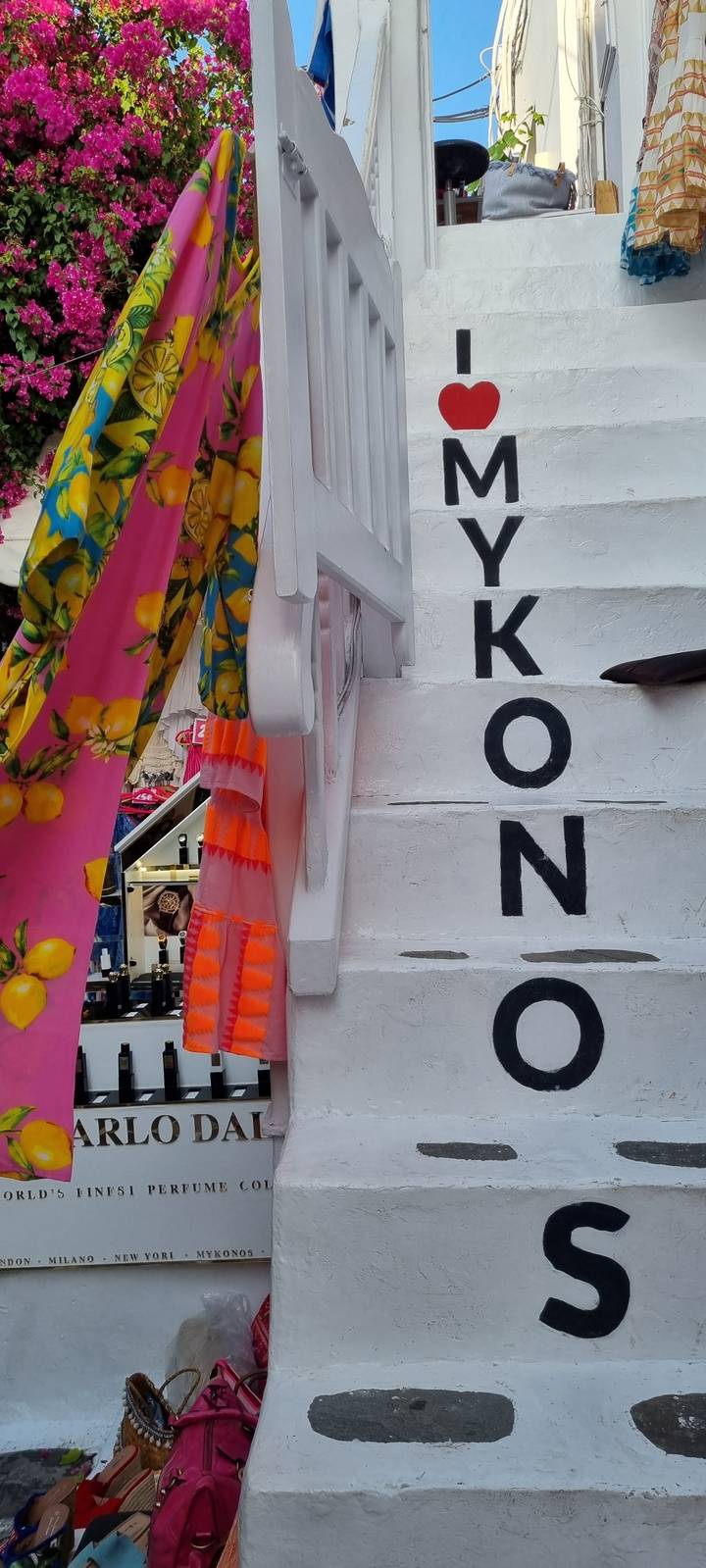 Colorful stairs with 'I Love Mykonos' text.