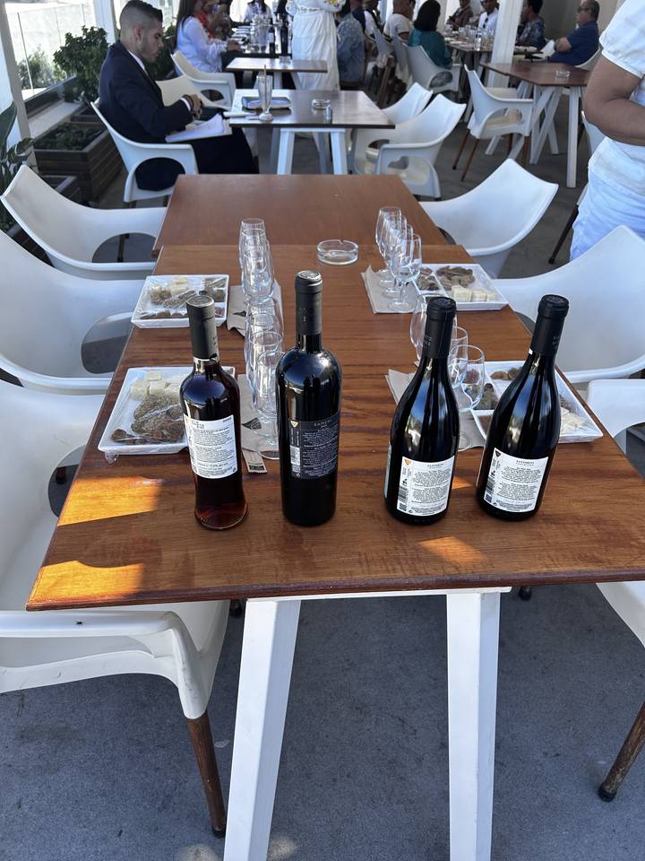 Outdoor tasting event with bottles and glasses on a table.