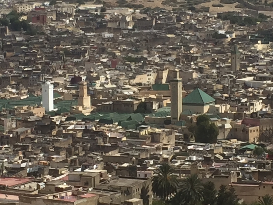 Aerial view of a densely packed cityscape with mosques and minarets.