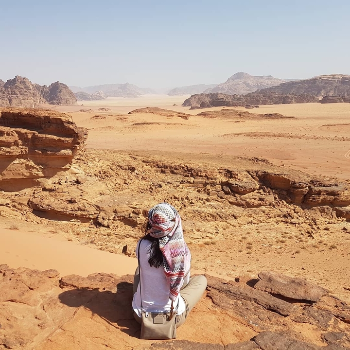 Person overlooking a vast desert landscape.