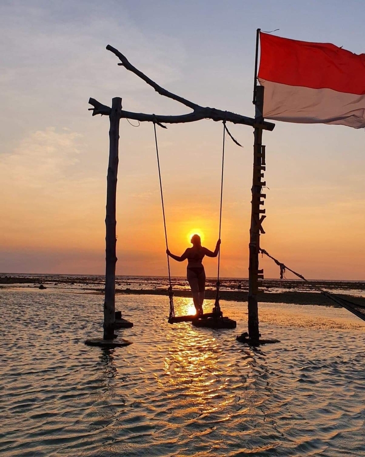 A person stands on a swing during sunset.