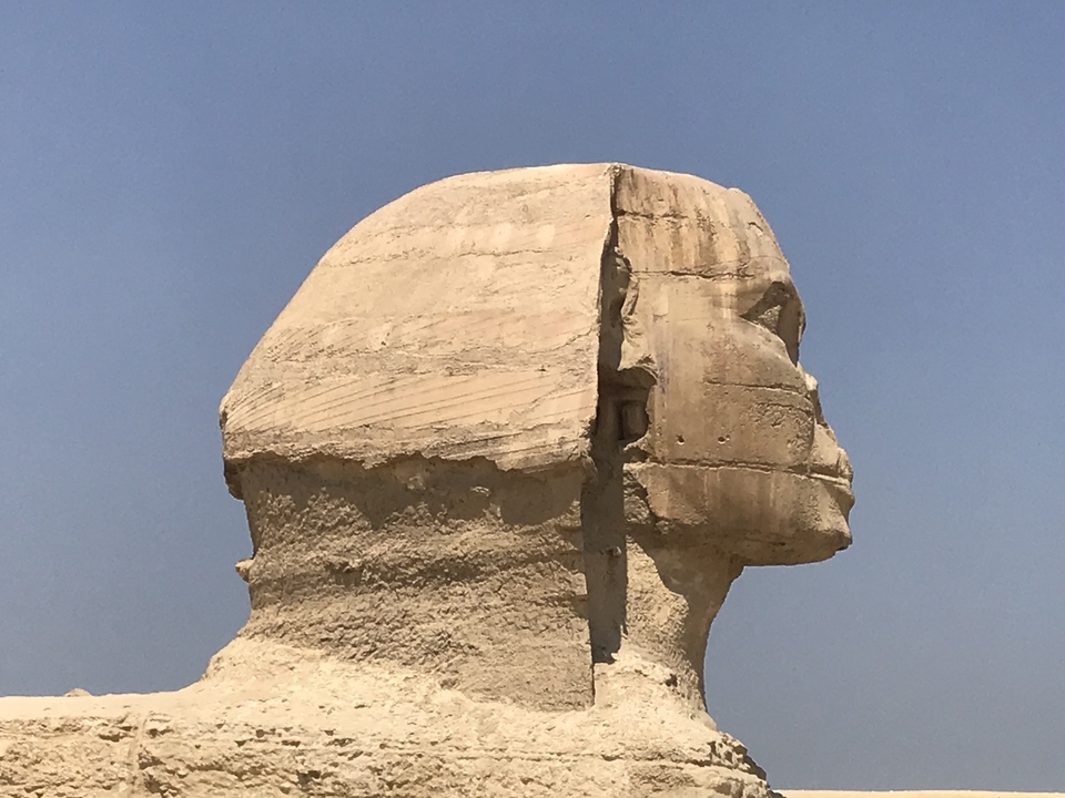 Profil latéral de la statue du Sphinx sur un ciel bleu dégagé.