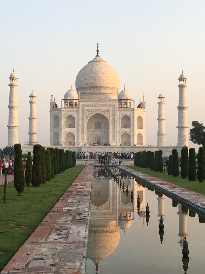 The Taj Mahal with its reflection in the forecourt pool.