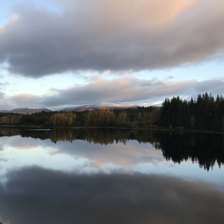 Mountain landscape and forest reflected in a still lake.