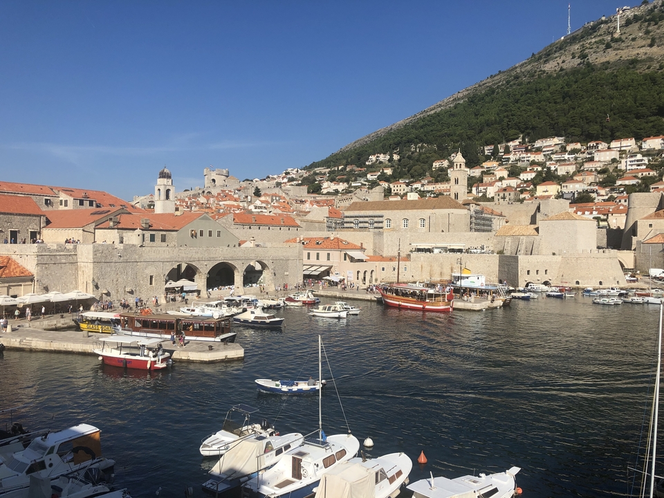 Harbor with boats and historic city walls.