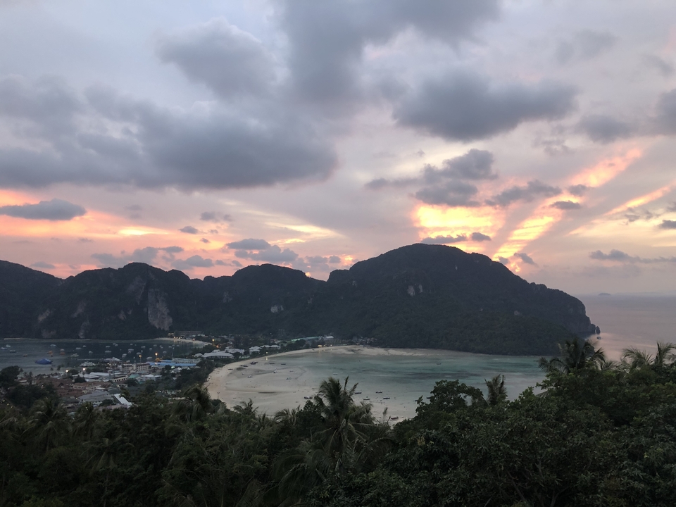 Scenic view of a coastal area during sunset.