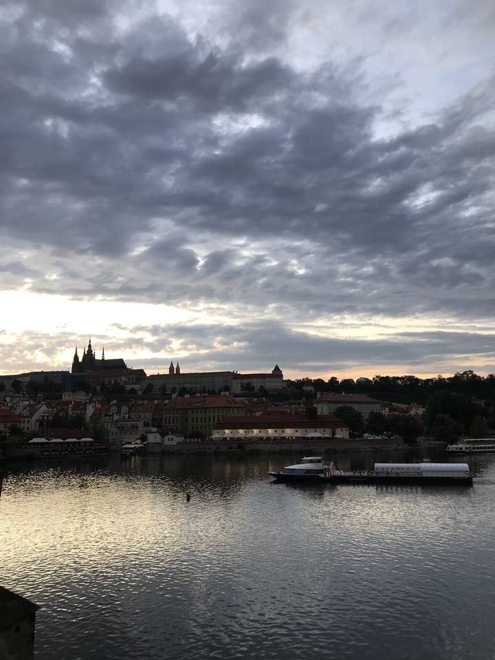 A skyline view of a city with buildings and a cloudy sky.