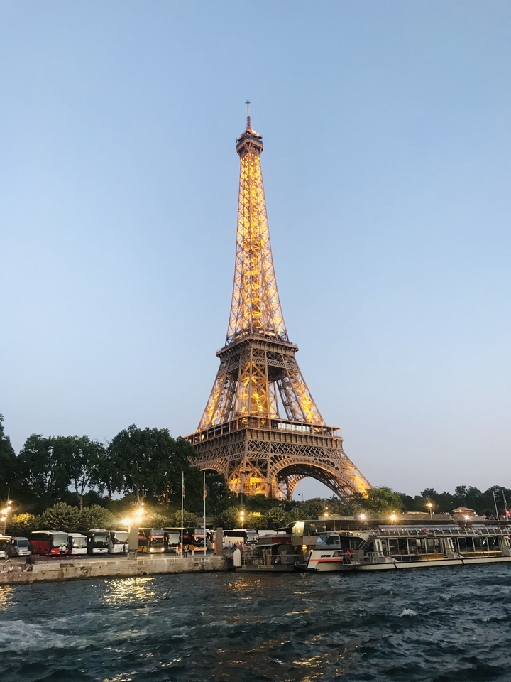 The Eiffel Tower beautifully lit against a clear sky.