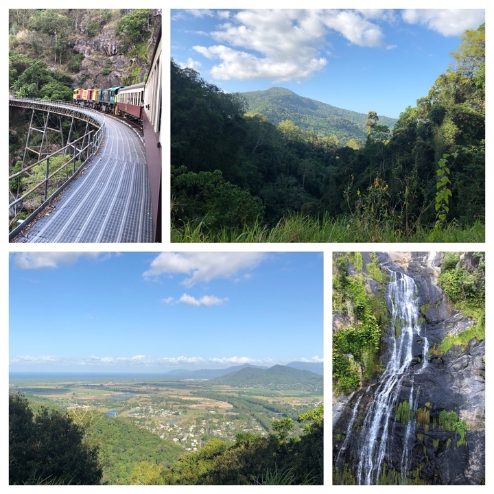 Collage de quatre vues panoramiques extérieures comprenant un pont, une forêt, des chutes d'eau et des montagnes.