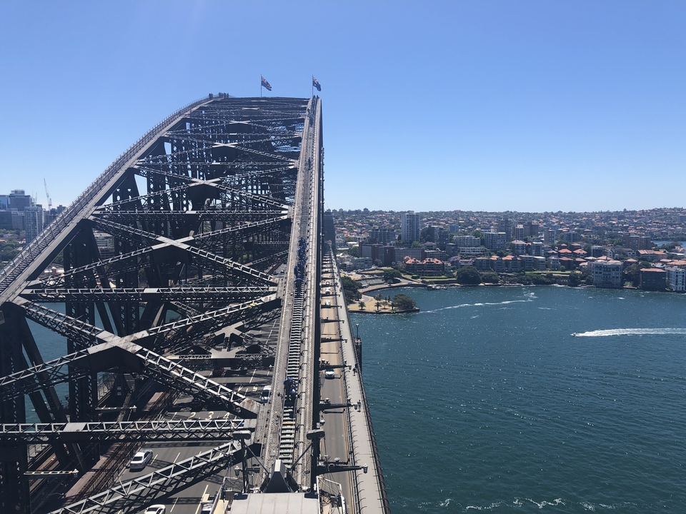 Vue rapprochée du pont du port de Sydney depuis une position élevée.