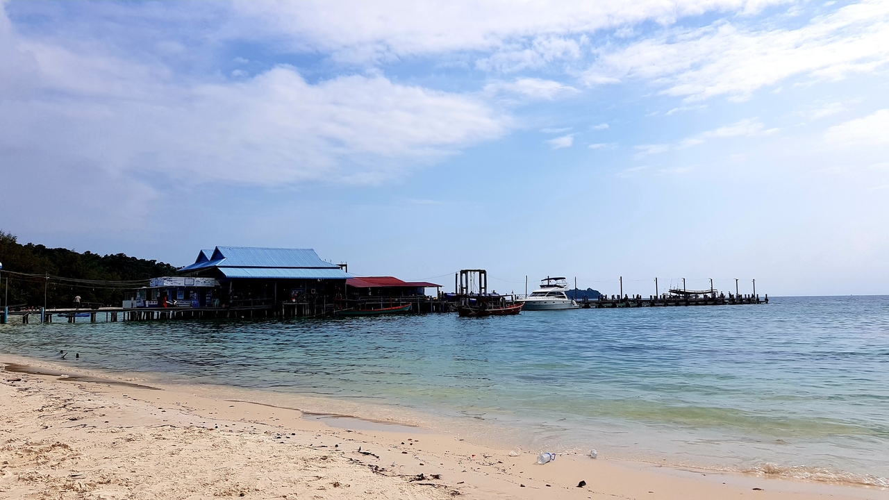 A serene beach scene with a pier and boats near calm waters