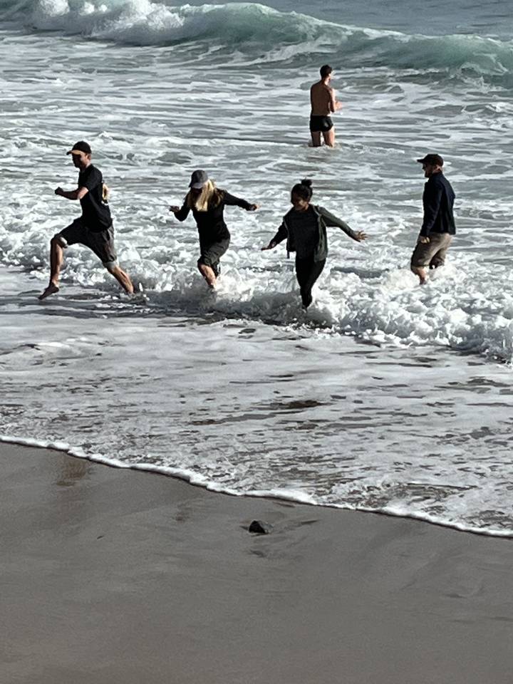 People walking along the shoreline.