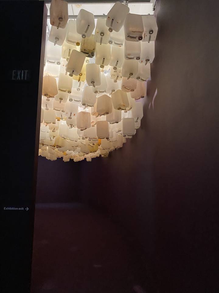 Affichage à l'envers de divers contenants sur un mur.