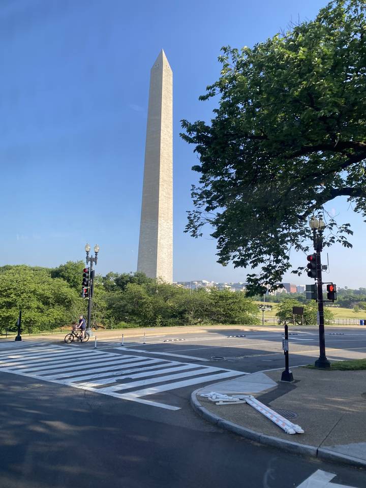 The Washington Monument in the background.