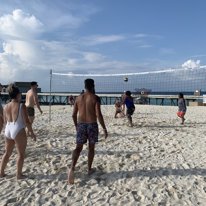 Grupo jugando voleibol de playa junto al océano.