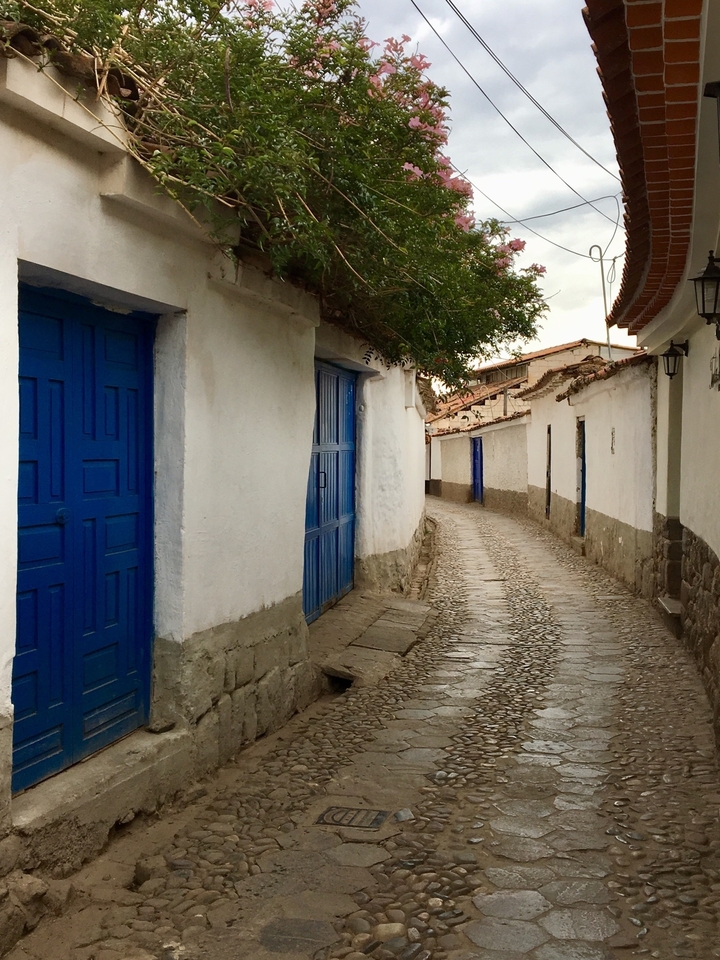 Une ruelle étroite avec des portes bleues dans un quartier au style traditionnel.