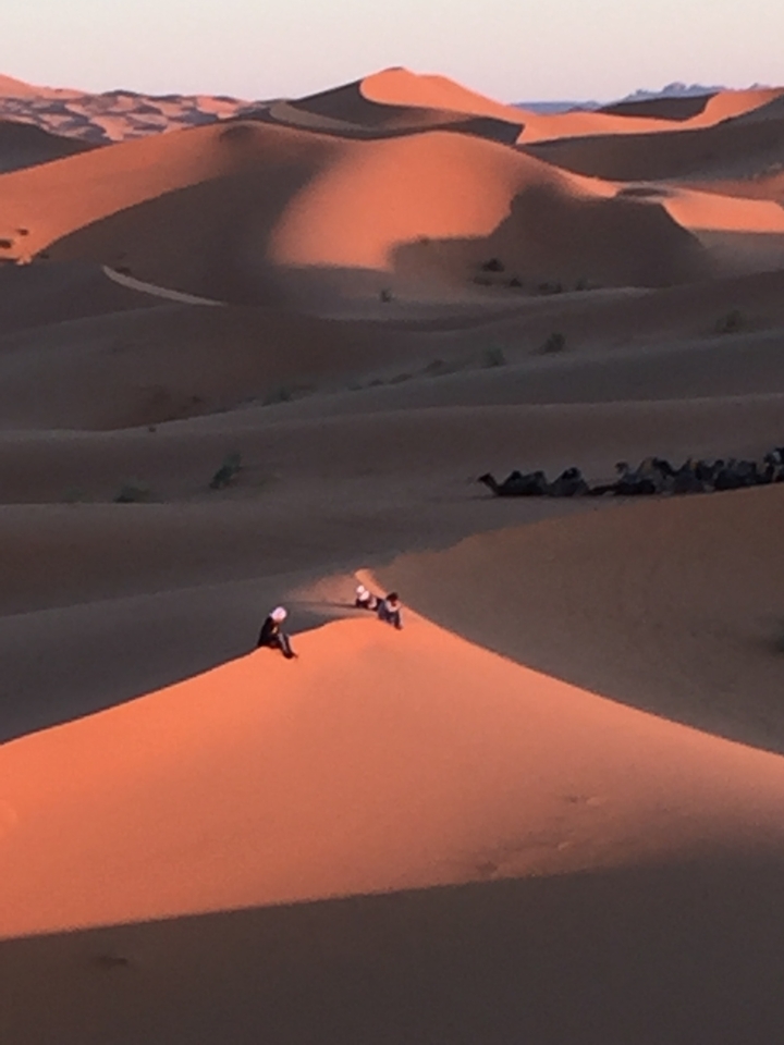 People sitting on sand dunes in a desert.