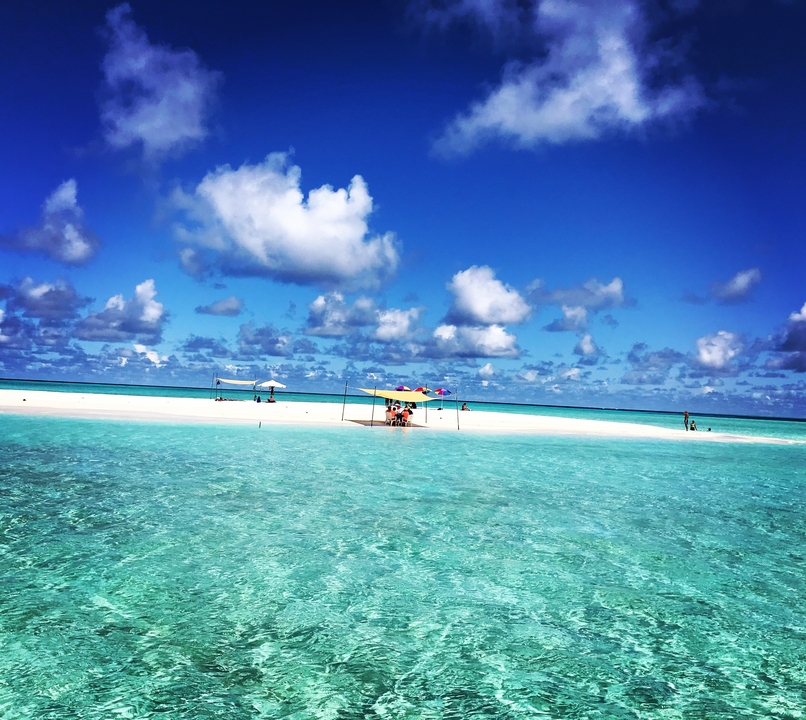 Playa con agua cristalina y gente bajo sombrillas.