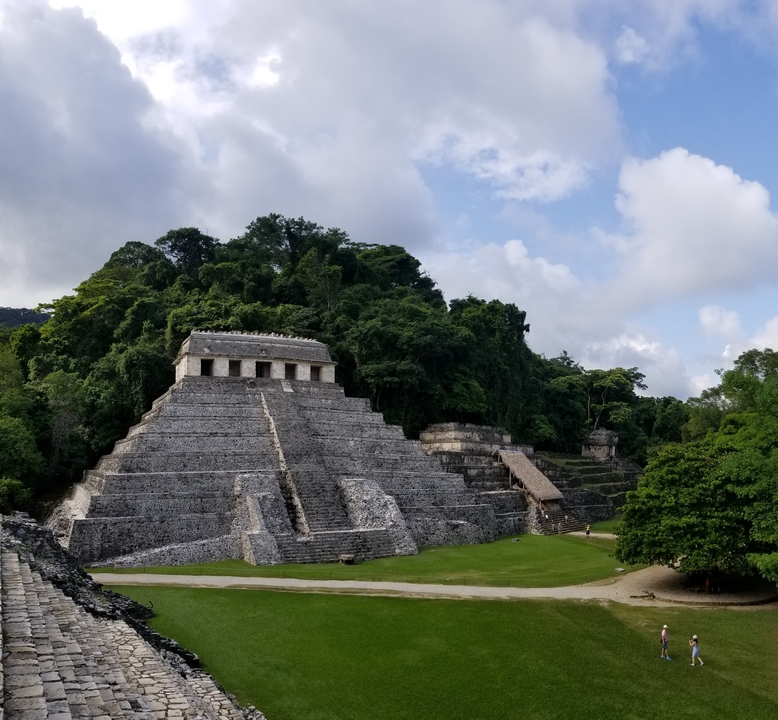Anciennes ruines mayas entourées d'une jungle luxuriante.