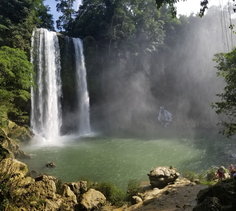 Une haute cascade qui se déverse dans un bassin entouré de verdure.
