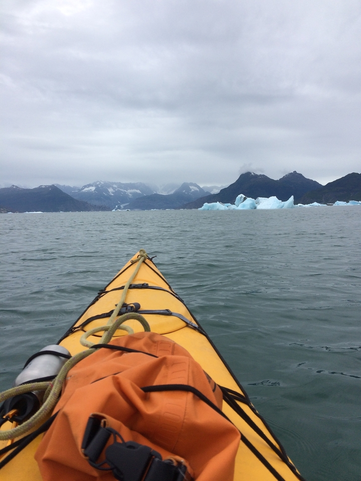 View from a kayak paddling towards mountains and glaciers.