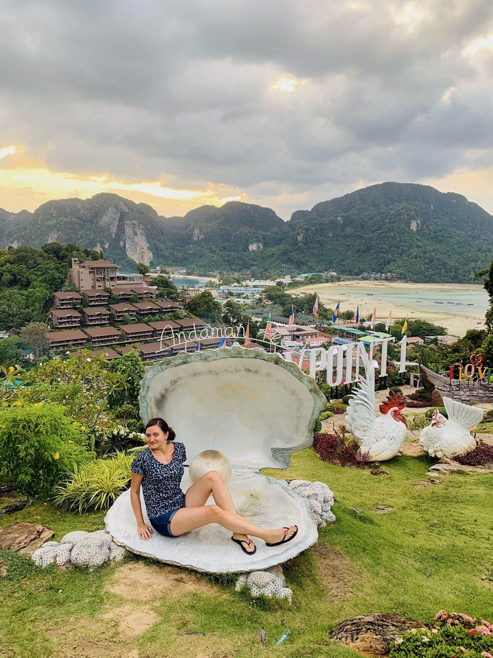 View from Andaman Viewpoint with a person posing.