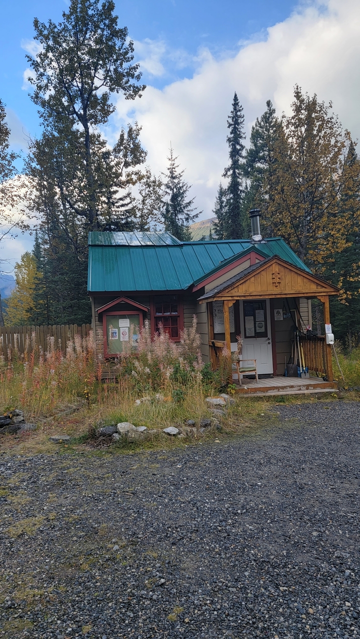 Small wooden building with green roof surrounded by trees.