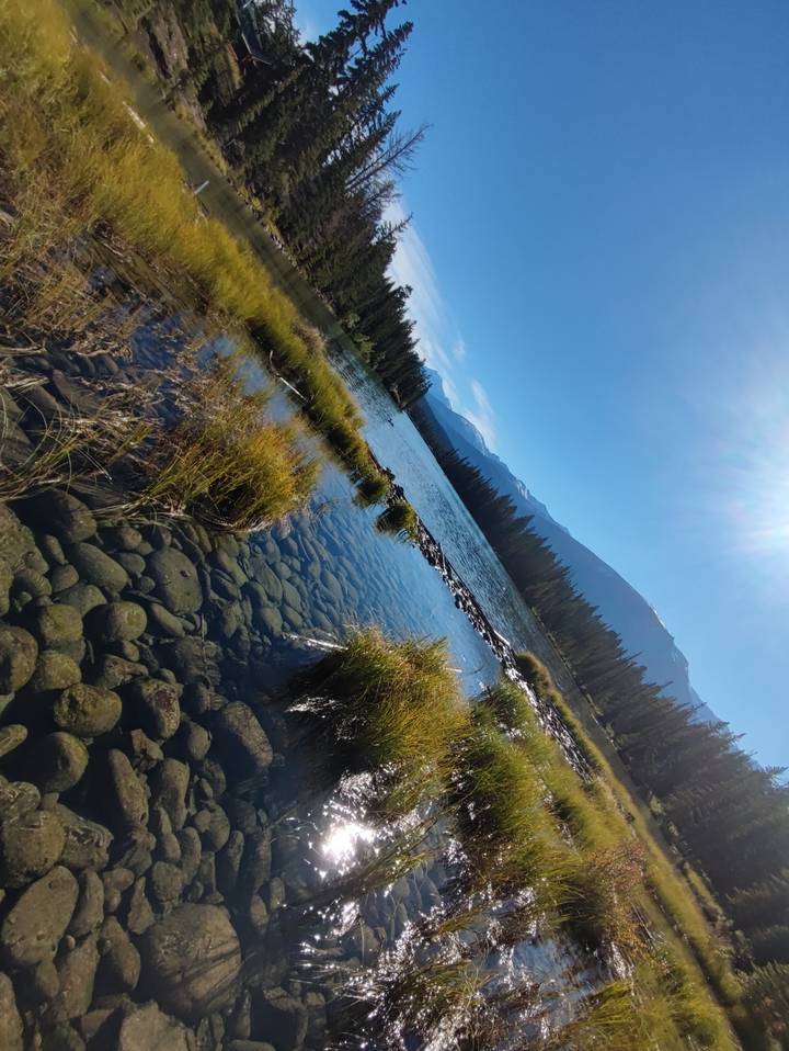 Clear stream with grass and mountainous landscape.