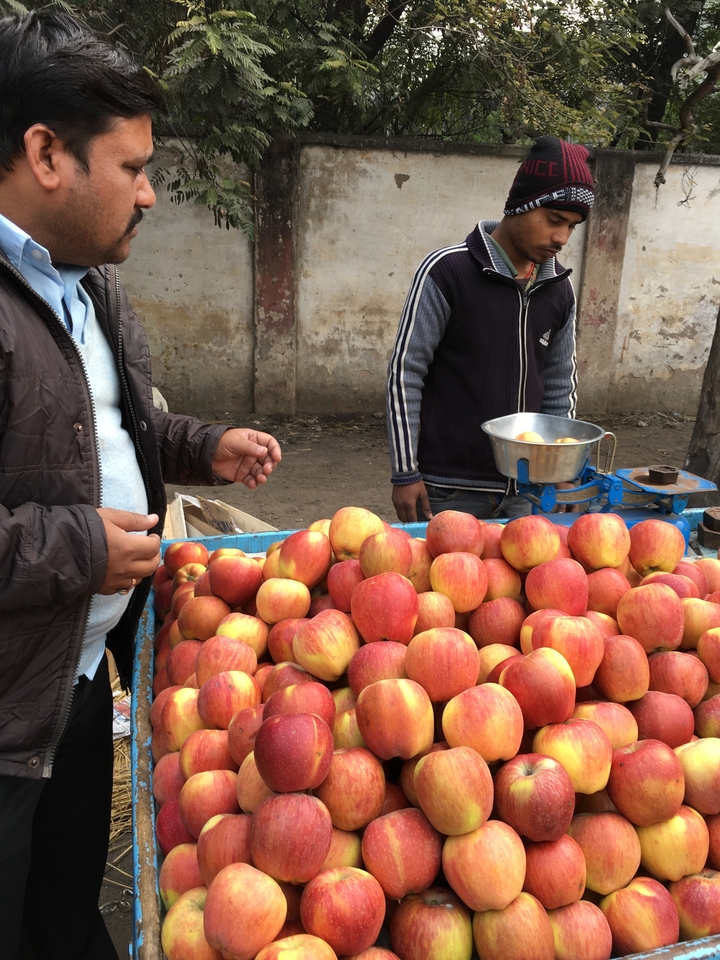 Market stall with a pile of red apples being sold.