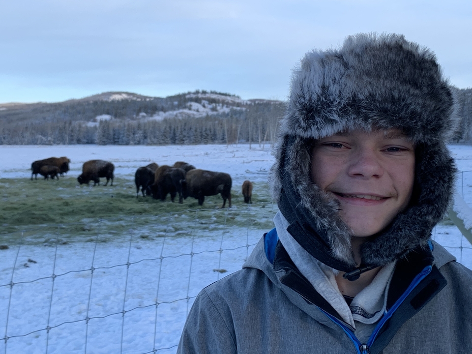 A smiling person wearing a winter hat, standing in front of a snowy field with bison grazing.
