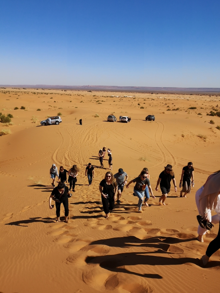 Group climbing a sand dune with vehicles in the background.