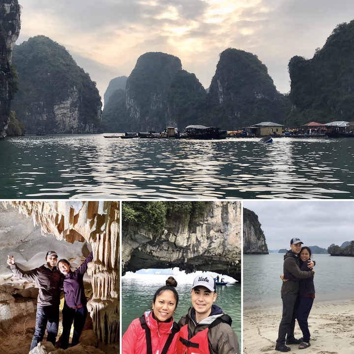 Diverses vues panoramiques de la baie d'Halong avec des bateaux et des formations calcaires.