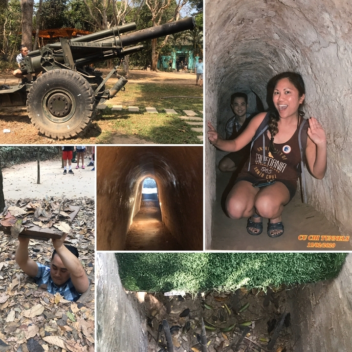 Personnes explorant les tunnels de Cu Chi avec une superposition de texte graphique.