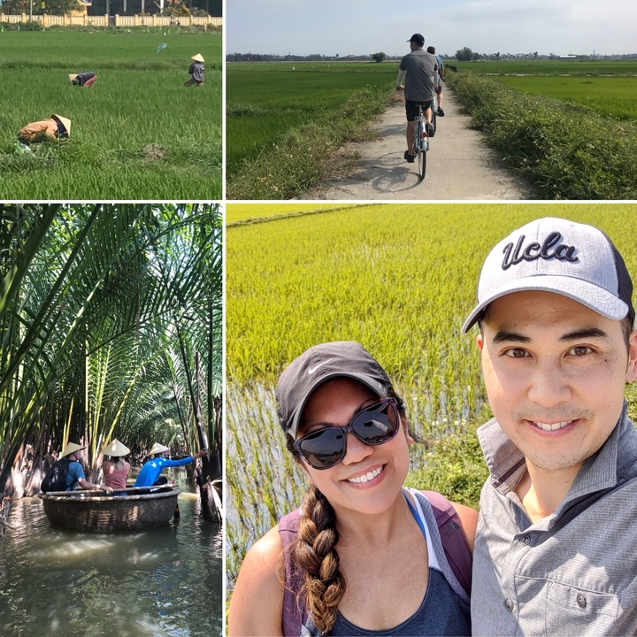 Collage de deux personnes prenant un selfie dans une rizière, cyclistes sur un sentier, groupe marchant à travers des palmiers.