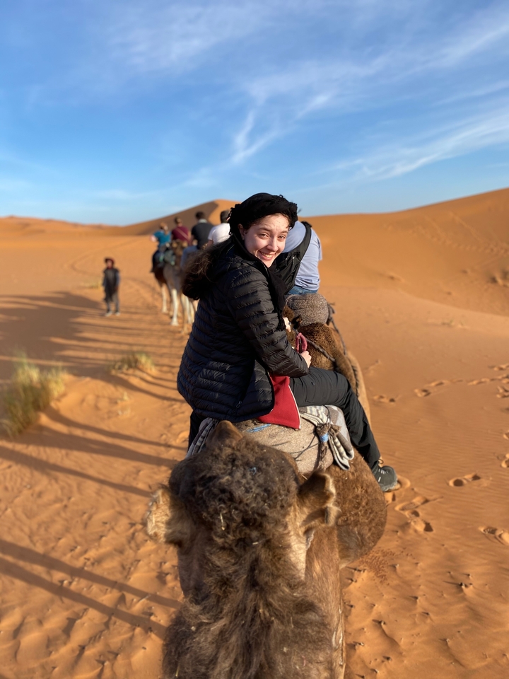 Person on camel in a desert setting.
