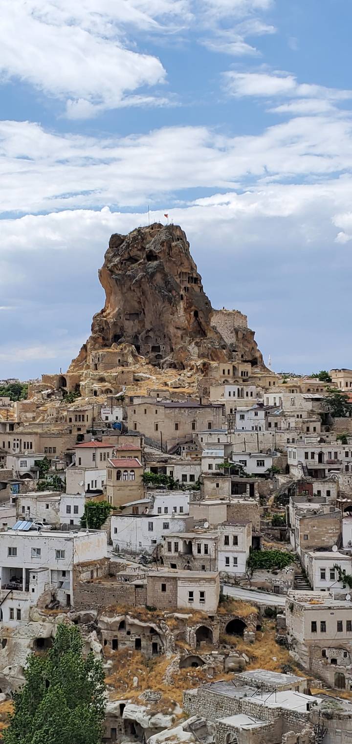 Town built on a steep rocky hill.