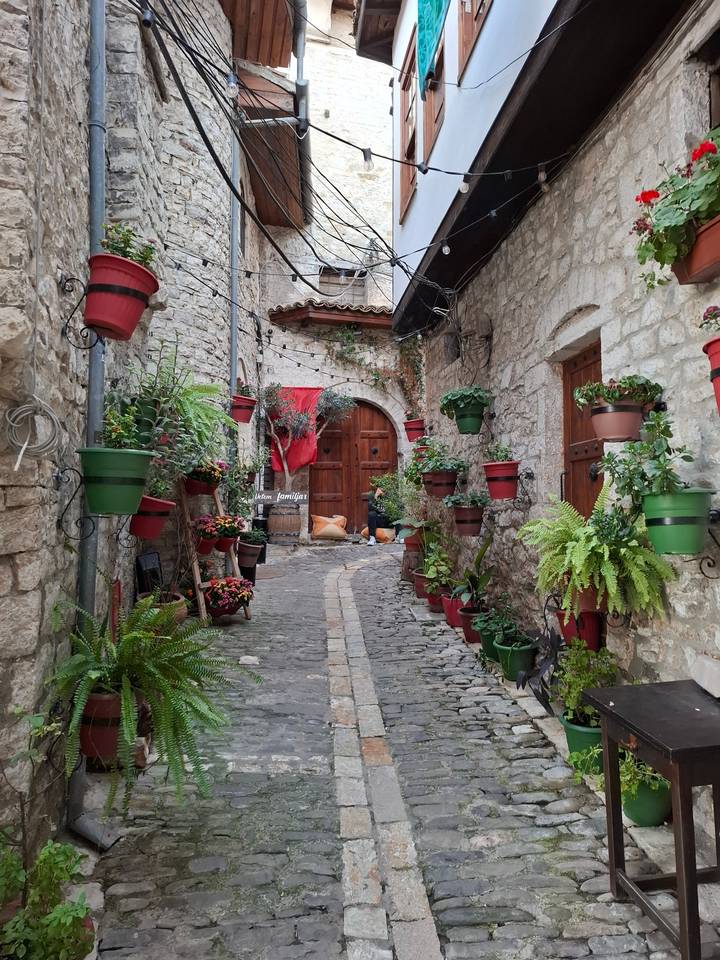 Cobbled street with potted plants alongside stone buildings.