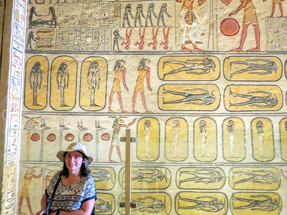 Woman in front of wall with detailed Egyptian hieroglyphs and paintings.